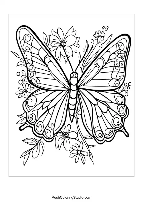A butterfly with large wings and flowers in the background.
