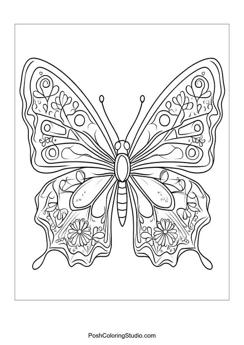 A butterfly with decorative wings and flowers around it.