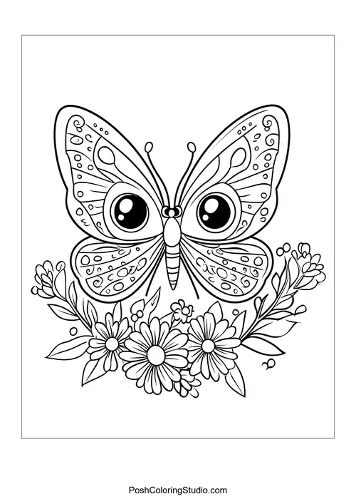 A butterfly with large wings and flowers around it.