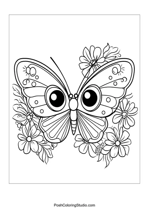 A butterfly with big eyes is framed by flowers.