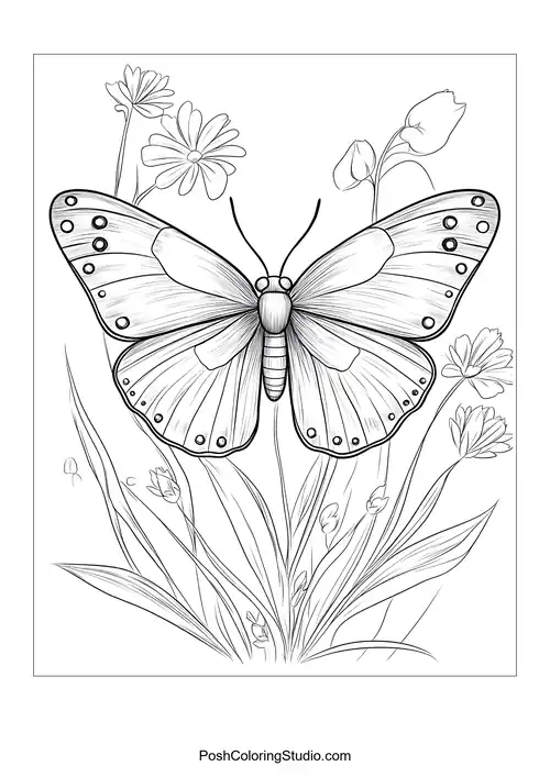 A butterfly with large wings and flowers nearby.