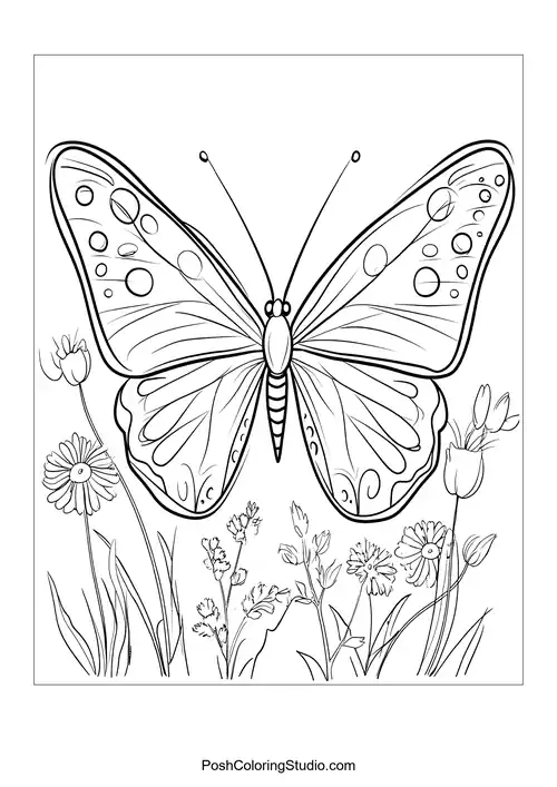A butterfly with large wings and flowers in the background.