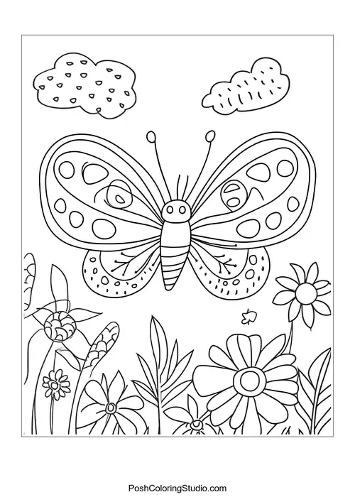 A butterfly with large wings and flowers in the background.