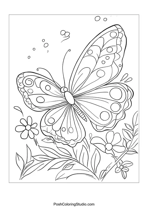 A butterfly with decorative wings and flowers around it.