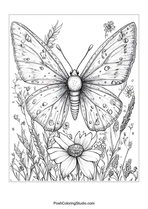 A butterfly with large wings and flowers nearby.