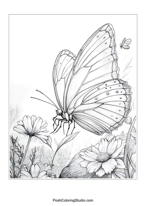 A butterfly with decorative wings and flowers around it.