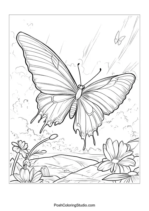 A majestic butterfly soaring above flowers and hills.