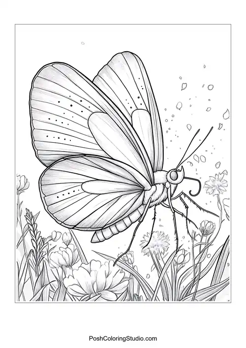 A butterfly perched among flowers with detailed wings.