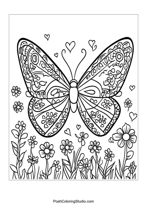 A butterfly with hearts and flowers around it.