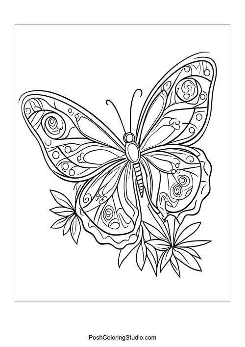 A butterfly with large eyes is surrounded by flowers.