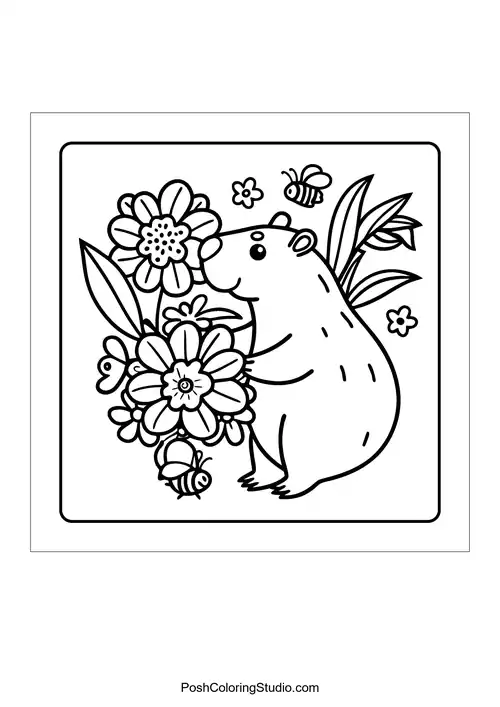 An otter carrying a basket of fruits through a forest.
