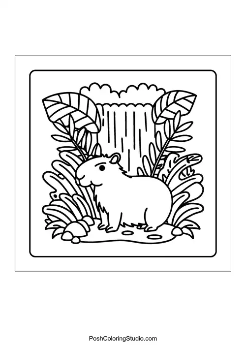 An otter by a pond with palm trees and a crab nearby.