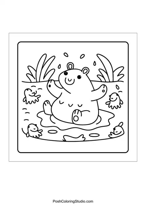 Two hippos swimming in a pond surrounded by lily pads.