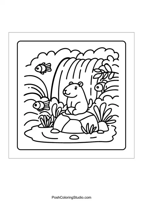 An otter floating on a raft surrounded by tall trees.