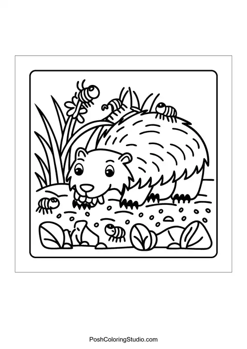 A beaver surrounded by insects and grass.