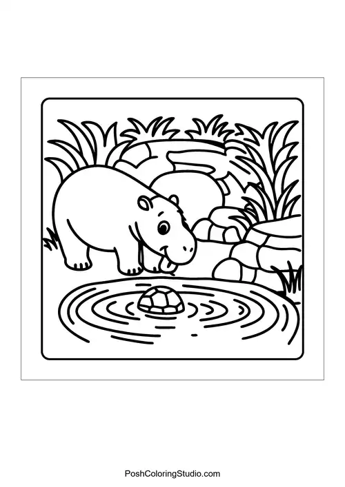 A hippo drinking water near a pond.