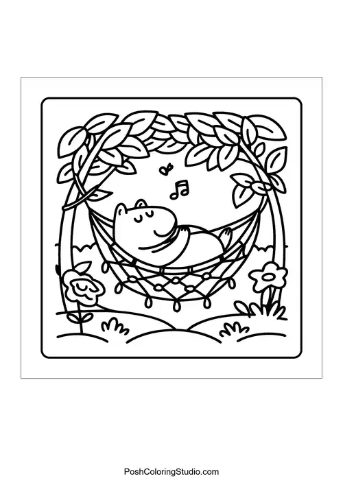 A bear relaxing in a hammock surrounded by trees.