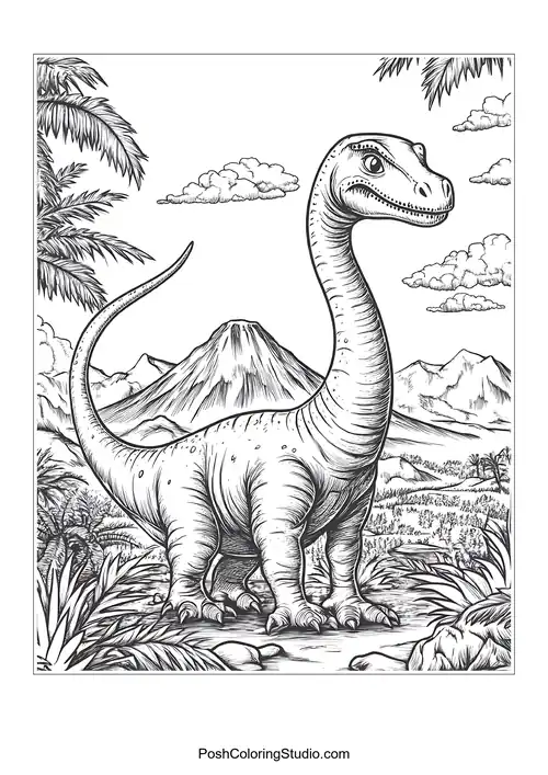 A dinosaur with a long neck near a volcano.