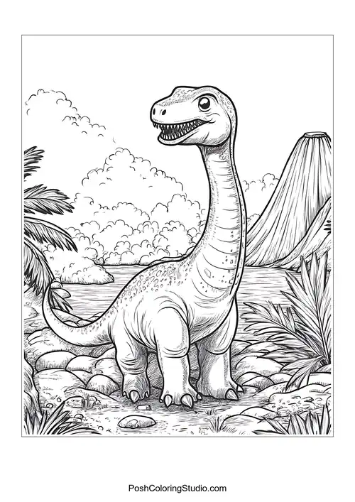 A dinosaur with a long neck and a friendly smile.