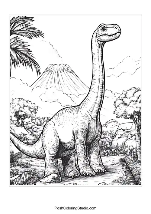 A dinosaur with a long neck in a vibrant landscape.