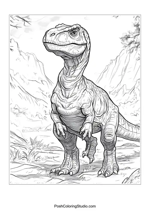 A dinosaur with a long neck in a rocky environment.