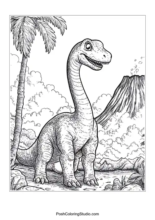 A long-necked dinosaur near palm trees and a volcano.