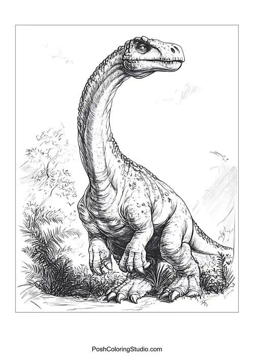 A dinosaur with a long neck in a natural landscape.