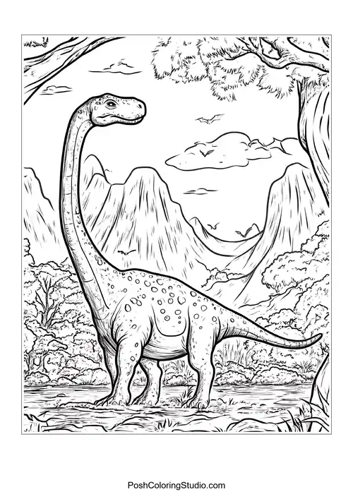 A dinosaur with a long neck in a scenic backdrop.