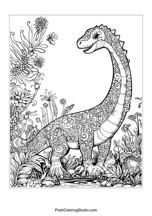 A dinosaur with a long neck and a playful stance.