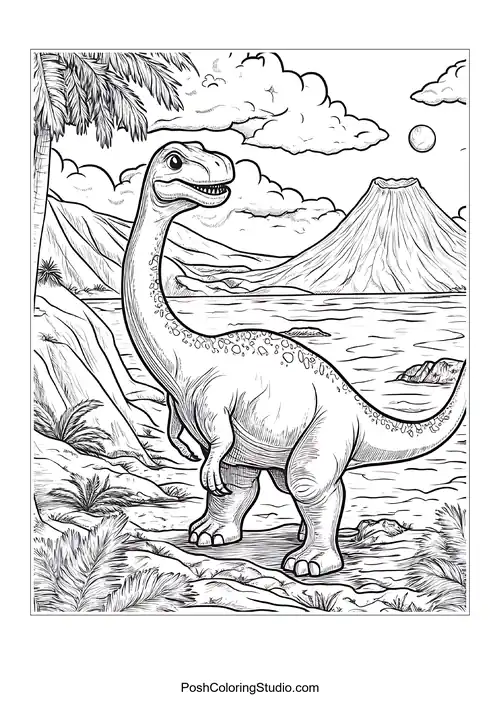 A dinosaur by a lake with mountains in the background.