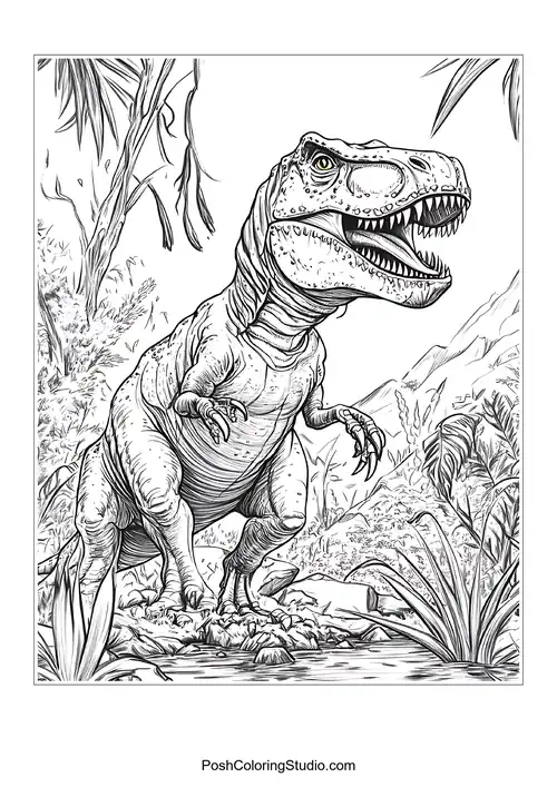 A dinosaur with a long neck in a vibrant landscape.