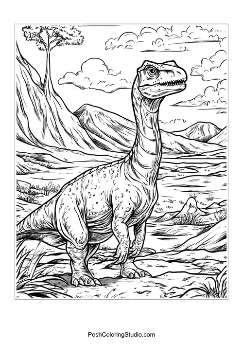 A dinosaur with a long neck and a cheerful demeanor.