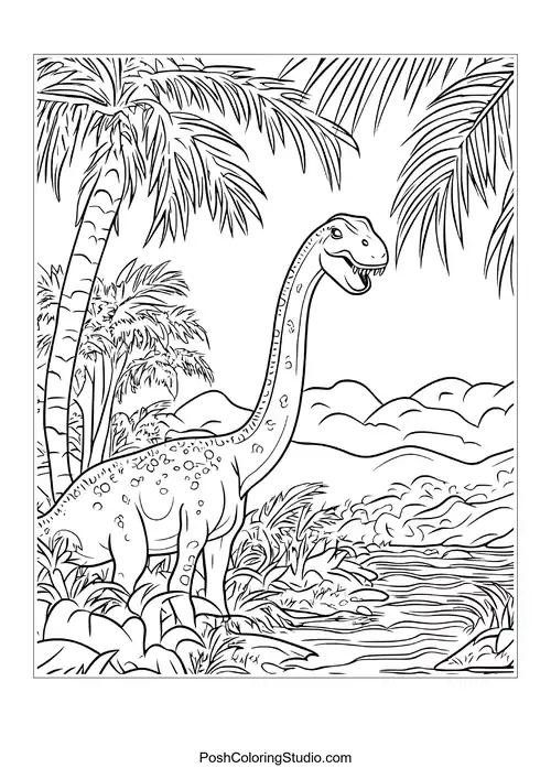 A dinosaur with a long neck in a vibrant setting.