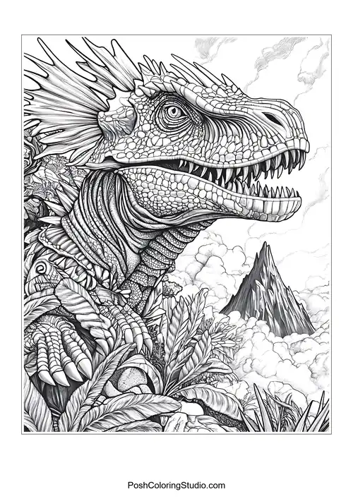 A dinosaur with a long neck in a scenic backdrop.