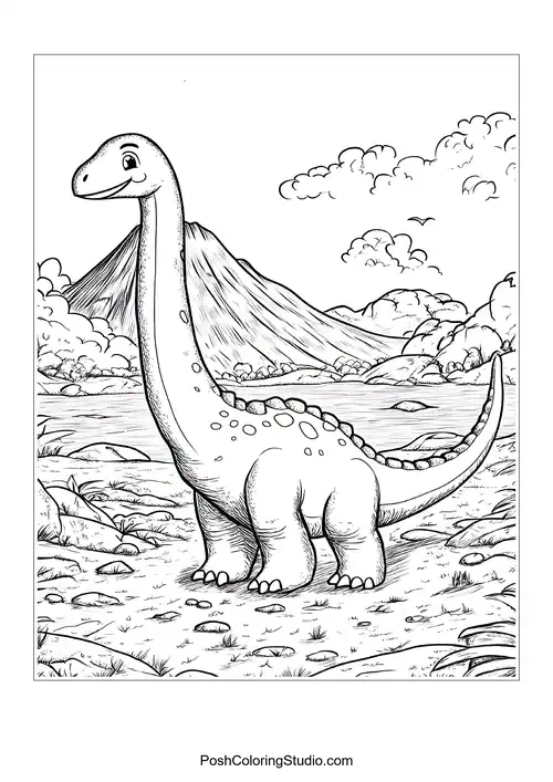 A cartoonish dinosaur standing in a rocky landscape.