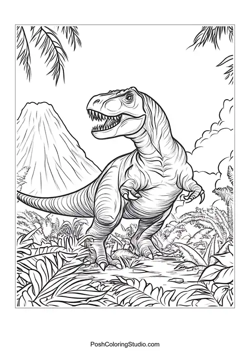 A dinosaur with a long neck in a vibrant landscape.