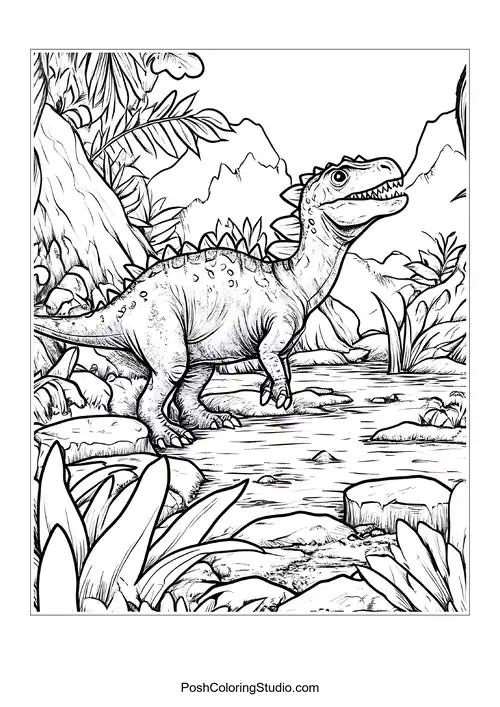 A dinosaur with a long neck in a rocky environment.