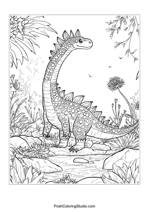A dinosaur with a long neck and spiked back stands among plants.