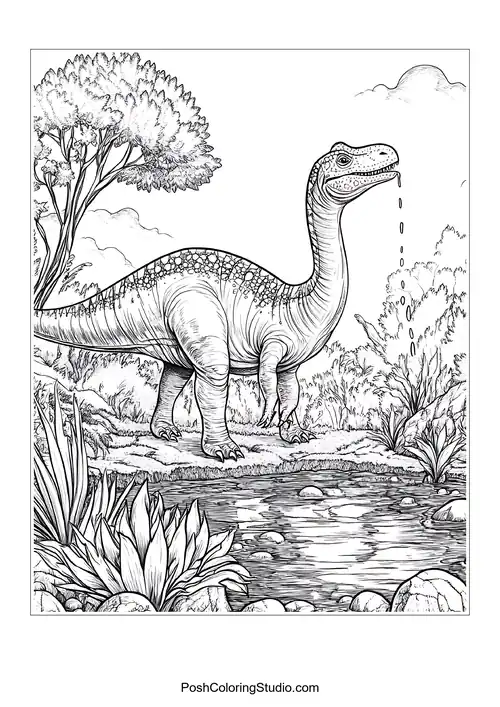 A dinosaur with a broad body drinks from a pond surrounded by foliage.