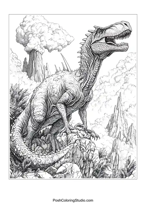 A fierce dinosaur stands on rocky terrain with mountains in the background.