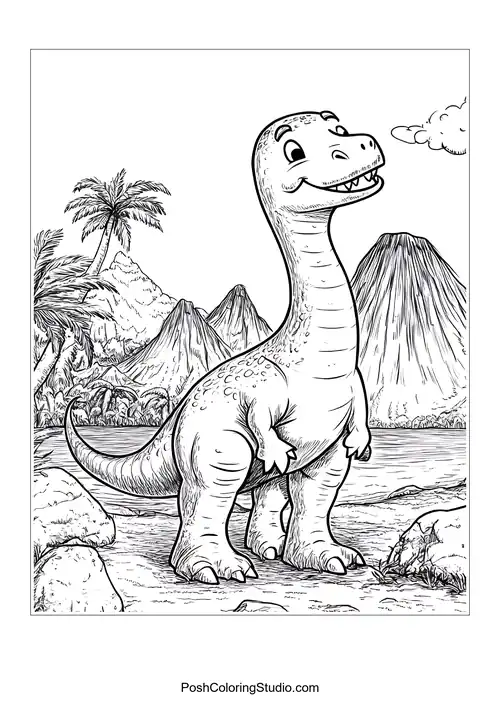 A dinosaur with a long neck in a lush environment.