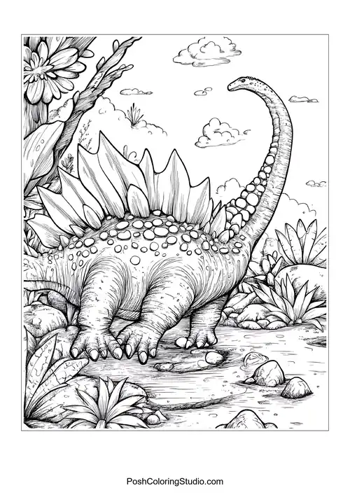 A dinosaur with a spiked back walks near a stream and flowers.