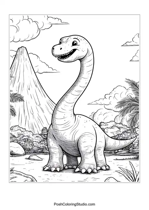 A dinosaur with a long neck and a mountain backdrop.