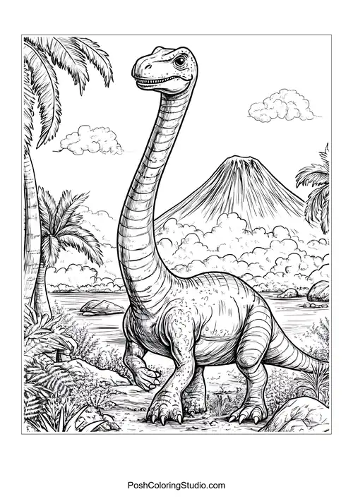 A dinosaur with a friendly expression in a forest.