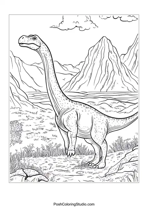 A dinosaur with a long neck and a scenic background.