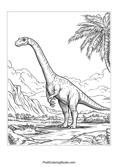 A dinosaur with a long neck in a rocky terrain.