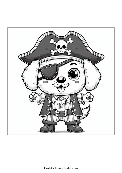 A pirate dog in costume with a playful stance.