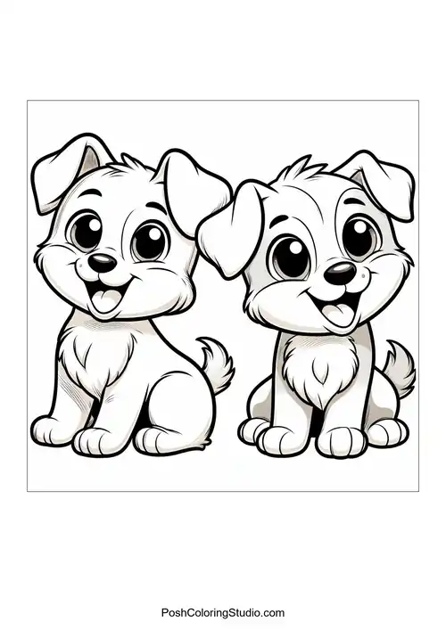 Two happy puppies sitting side by side with cheerful expressions.
