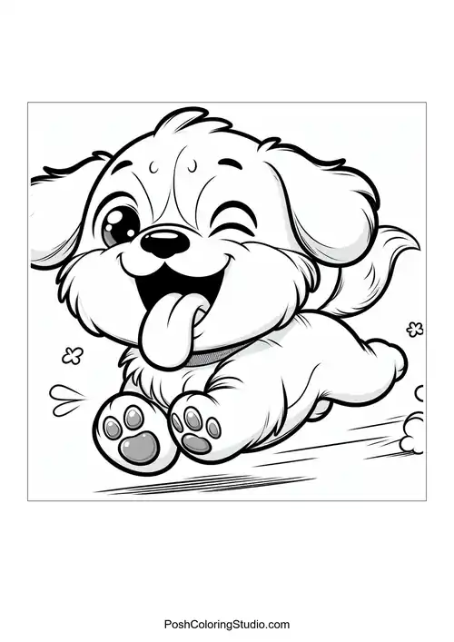A puppy running joyfully with its tongue out.