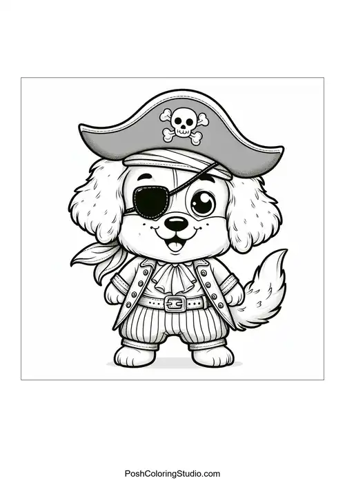 A pirate dog wearing a hat and eyepatch with a playful expression.